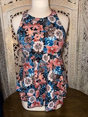 Women’s Floral Halter Swim Tank Top in Coral, Blue & Brown